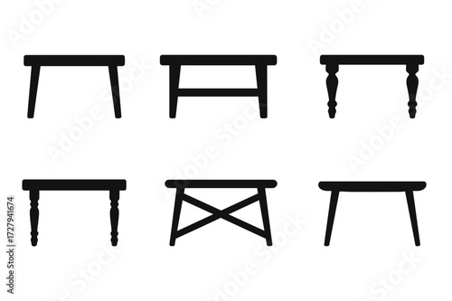 Table Style Icons. Solid, filled icon set of table styles: modern, rustic, antique, minimalist, farmhouse, industrial, mid-century, Scandinavian. Line icons in