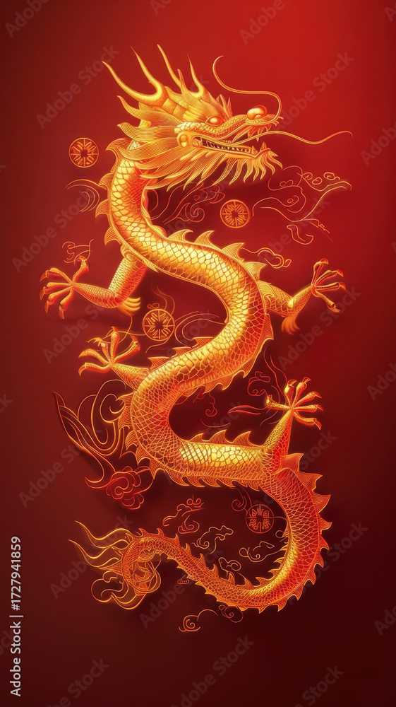 Fototapeta premium golden frame with red Dragon