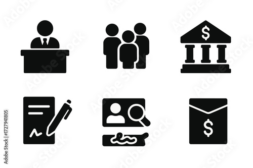 Bank Deposit Icons. Solid, filled icon set of physical bank deposit: teller counter, queue icon, deposit bag, bank branch icon, pen and form, ID verification,