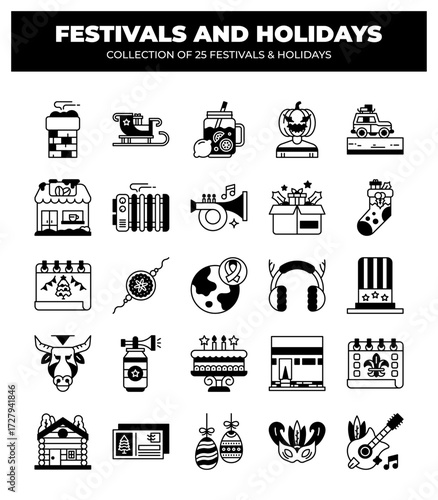 Holidays Collection. 25 Festive Icons for Celebrations