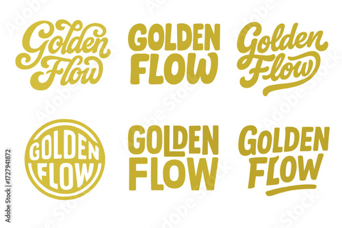 Varied Golden Lettering Styles. Golden Flow. Set lettering. harmonious lettering variations of the same emblematic concept (Whimsical curly type with
