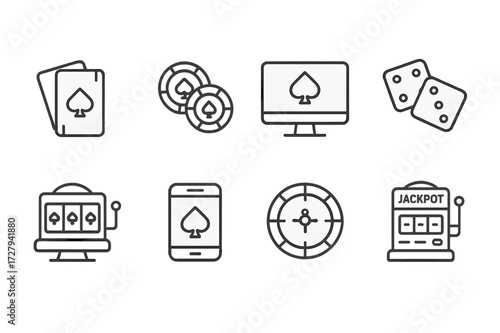 Online Poker Icons. Outline icon set of poker online: playing cards, poker chips, computer screen, dice, jackpot, roulette wheel, mobile phone, slot machine.