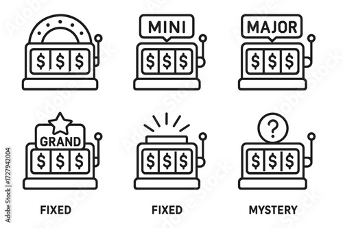 Slot Machine Icons. Outline icon set of slot machine jackpot types: progressive jackpot, mini jackpot, major jackpot, mega jackpot, grand jackpot, random