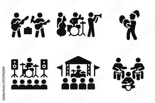 Cymbal Performance Icon Set. Solid, filled icon set of crash cymbal performance settings: rock band, jazz band, marching band, studio recording, live concert,