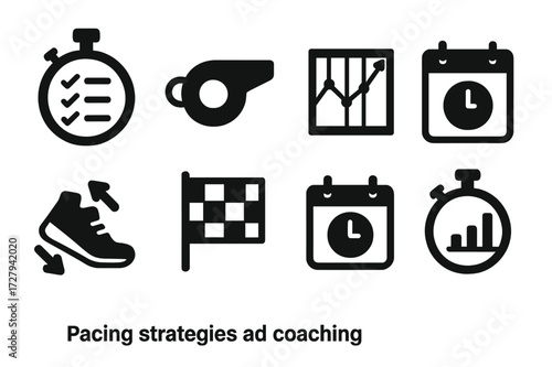 Pacing Strategies Icons. Solid, filled icon set of pacing strategies and coaching: stopwatch with checklist, coach whistle, pace chart, interval timer, running
