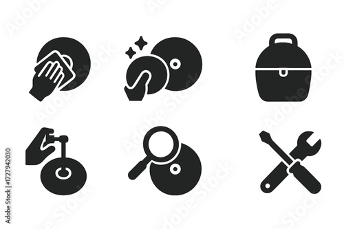 Cymbals Care Icons. Solid, filled icon set of cymbals maintenance: cleaning, polishing, storage bag, protective case, tuning, inspection, rust removal, repair.
