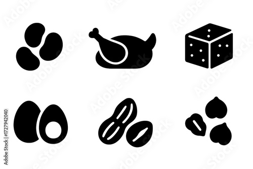 Protein Source Icons. Solid, filled icon set of protein sources: lima beans, chicken, fish, tofu, eggs, nuts, lentils, chickpeas. [Line icons in only black