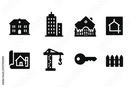 Oligarch Real Estate Icons. Solid, filled icon set of oligarch property and real estate: mansion, skyscraper, gated estate, land plot, blueprint, construction