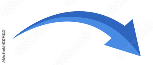 Blue curved arrow icon. Blue 3D arrow vector. Long arrow. Blue arrow icon on white background. Vector 10 eps.