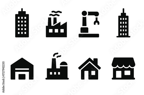 Capital Assets Icons. Solid, filled icon set of capital assets: skyscraper, factory building, machinery, office tower, warehouse, industrial plant, real