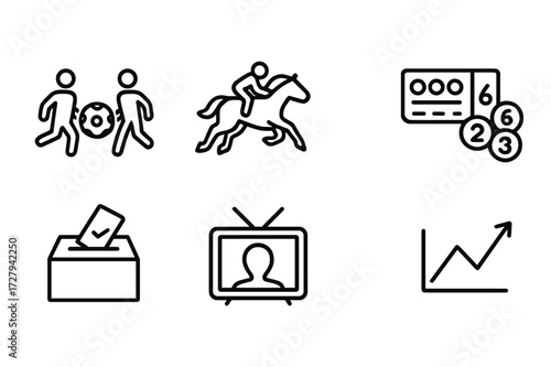 Wager Event Icons. Outline icon set of wager event types: sports match, horse race, casino game, lottery, esports, political election, reality show, financial