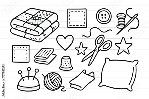 Quilt Craft Doodles. Hand-drawn doodle illustration Family heirloom quilt folded quilt, patch, button, thread spool, needle, scissors, thimble, folded cloth,