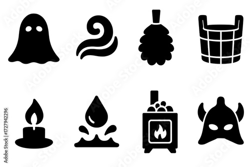 Bathhouse Folklore Icons. Solid, filled icon set of bathhouse folklore: spirit silhouette, steam swirl, birch broom, wooden bucket, candle flame, water splash,