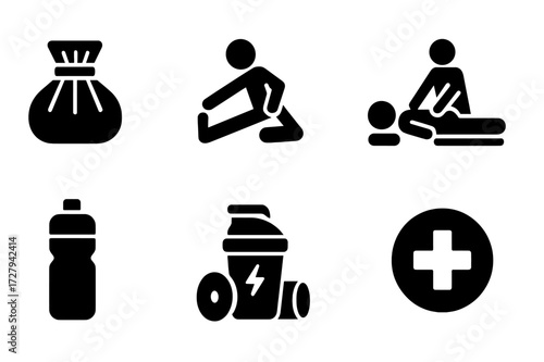 Marathon Recovery Icons. Solid, filled icon set of marathon recovery: ice pack, stretching, massage, foam roller, water bottle, protein shake, rest, medical