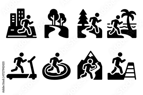 Jogging Environment Icons. Solid, filled icon set of jogging environments: city street, park path, forest trail, beachside, treadmill, running track, mountain