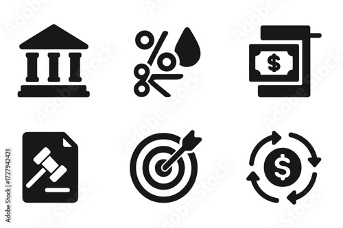 Monetary Policy Icons. Solid, filled icon set of monetary policy: central bank, interest cut, reserve rate, currency print, policy paper, inflation target,