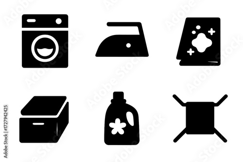 Napkin Care Icons. Solid, filled icon set of napkin care: washing machine, ironing, folding, stain removal, storage box, fabric softener, drying
