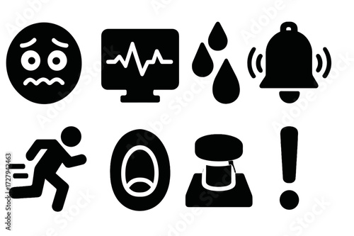 Anxious Panic Icons. Solid, filled icon set of anxious panic: nervous face, heart rate monitor, sweat drops, alarm bell, running feet, open mouth, emergency