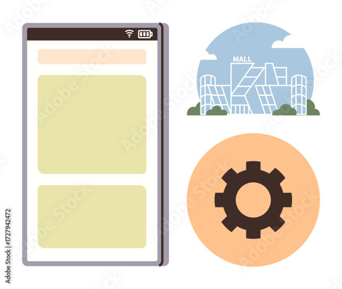 Smartphone interface next to mall building and gear, representing user interface, retail innovation, and system operations. Ideal for technology, shopping, business, apps, e-commerce development