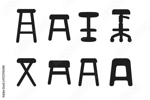 Stool Icon Collection. Solid, filled icon set of stool types: bar stool, wooden stool, swivel stool, adjustable stool, folding stool, cushioned stool, metal