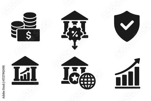 Central Bank Function Icons. Solid, filled icon set of central bank functions: currency issuance, interest rate control, monetary policy, bank regulation,
