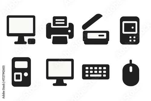 Reception Tech Icons. Solid, filled icon set of reception technology: computer, printer, scanner, credit card reader, intercom, monitor, keyboard, mouse.