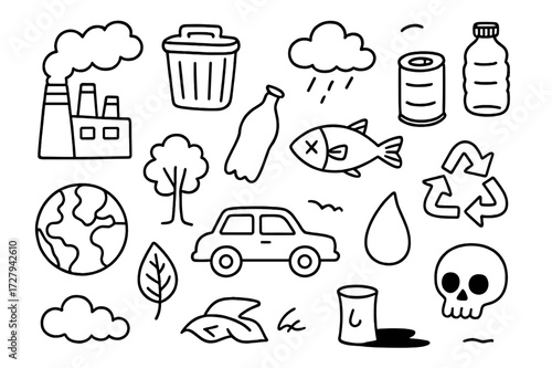 Pollution Icons Doodle. Hand-drawn doodle illustration Pollution factory, smoke, trash bin, plastic bottle, can, globe, water droplet, fish, tree, car, cloud,