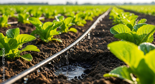 Thriving Crop irrigation: A close-up of a verdant crop, nourished by a precise drip irrigation system, showcasing the beauty and efficiency of modern agriculture. 
