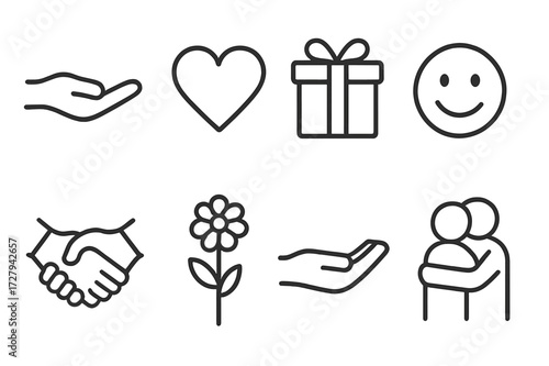 Kindness Icon Set. Outline icon set of kindness acts: helping hand, heart, gift box, smiley face, handshake, flower, open hand, hug. Line icons in only black