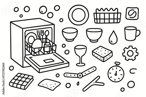 Dishwasher Doodle Icons. Hand-drawn doodle illustration Dishwasher open door dishwasher door, dish rack, plate, bowl, cup, glass, cutlery, bubbles, water