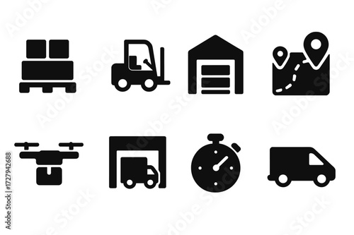 Shipping Logistics Icons. Solid, filled icon set of shipping logistics: cargo pallet, forklift, warehouse, route map, delivery drone, loading dock, stopwatch,