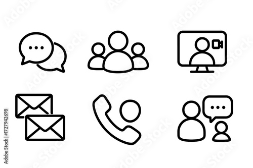 Communication Outline Icons. Outline icon set of bond and communication: speech bubbles, group chat, video call, message thread, email chain, phone call,