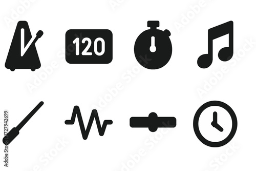 Tempo Icon Grid. Solid, filled icon set of tempo concepts: metronome, BPM counter, stopwatch, music note, conductor baton, rhythm wave, tempo slider, clock.