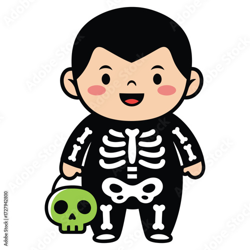 Flat Cartoon Little Boy Skeleton with Green Skull Halloween Character