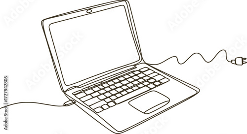 Open laptop with charging cable and plug computer technology