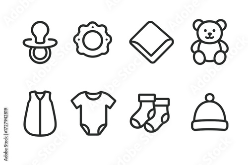 Crib Essentials Icons. Outline icon set of crib-related baby items: pacifier, teether, baby blanket, soft toy, sleep sack, onesie, baby socks, hat. Line icons