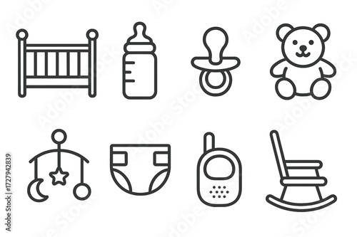 Nursery Essentials Icons. Outline icon set of nursery essentials: crib, baby bottle, pacifier, teddy bear, mobile, diaper, baby monitor, rocking chair. Line