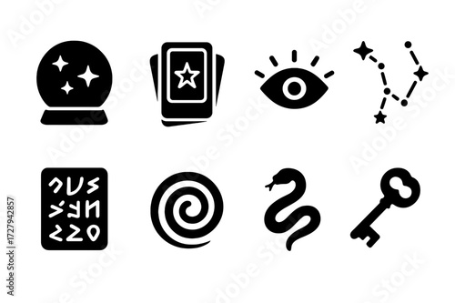 Prophetic Symbols Icons. Solid, filled icon set of prophetic symbols: crystal ball, tarot cards, open eye, star constellation, ancient script, spiral, snake,