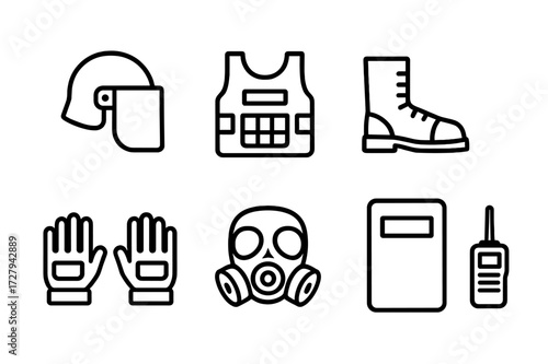 Riot Gear Icons. Outline icon set of riot gear: helmet with visor, tactical vest, knee pads, gloves, boots, gas mask, shield, communication radio. Line icons