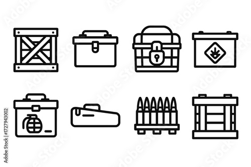 Weapon Crate Icons. Outline icon set of weapon crates: wooden crate, metal ammo box, locked chest, explosive container, grenade box, rifle case, ammunition