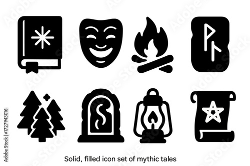 Mythic Tale Icons. Solid, filled icon set of mythic tales: ancient book, storyteller?s mask, campfire, rune tablet, enchanted forest, mythical portal, magic