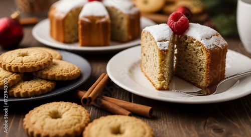 Wallpaper Mural A sliced cake dusted with powdered sugar a raspberry on top with cookies and cinnamon sticks Torontodigital.ca