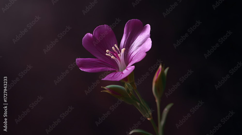 Fototapeta premium Purple Flower's Delicate Beauty: A close-up showcases a solitary purple flower, with its delicate petals, set against a dark background, revealing its exquisite beauty and intricate details.