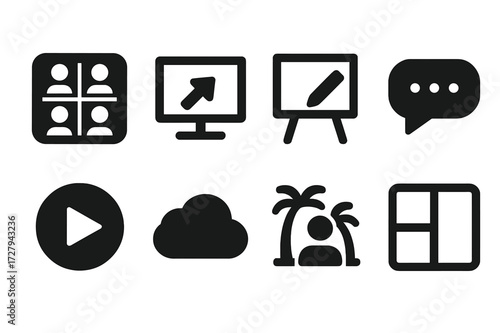 Meeting Technology Icons. Solid, filled icon set of meeting technology: video conferencing software, screen sharing, digital whiteboard, chat, recording, cloud