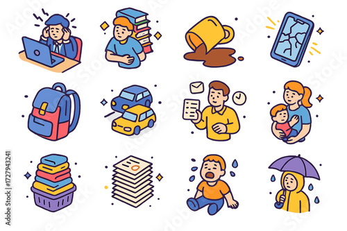 Life's Little Challenges. Life struggles. Colorful isometric vector icons set of Life struggles: stressed worker, student with books, spilled coffee, broken