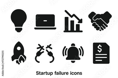 Startup Failure Icons. Solid, filled icon set of startup failure: empty lightbulb, closed laptop, declining graph, broken handshake, stopped rocket, crossed