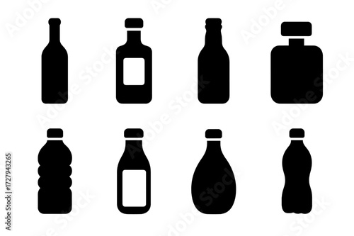 Black Bottle Icons. Solid, filled icon set of bottle types: wine bottle, whiskey bottle, beer bottle, perfume bottle, plastic bottle, glass bottle, oil bottle,
