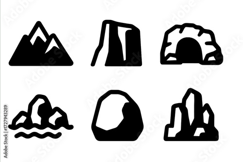 Stone Nature Icons. Solid, filled icon set of stone-related nature objects: mountain peak, cliff face, stone cave, stone bridge, rocky coast, stone boulder,