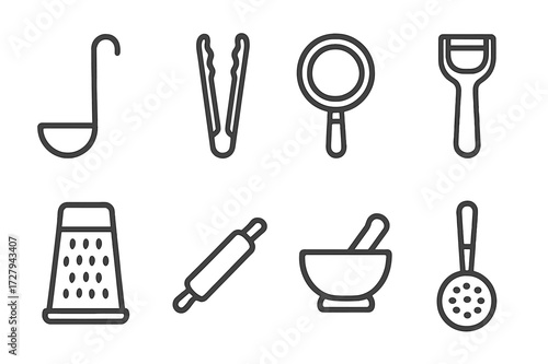 Cooking Utensil Icons. Outline icon set of cooking utensils: ladle, tongs, sieve, peeler, grater, rolling pin, mortar and pestle, skimmer. Line icons in only