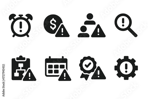 Project Risk Icons. Solid, filled icon set of project risk: deadline alert, budget overrun, resource shortage, risk analysis, contingency plan, warning sign,